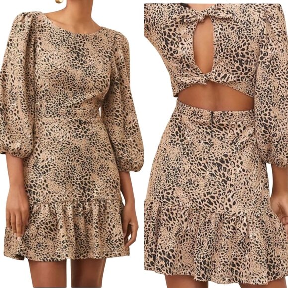 Anthropologie Leopard Cutout Back Mini Dress Sz 6 Puff Sleeves Ruffle Hem Knit - Picture 2 of 12